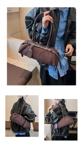 Detail of vintage dark brown suede baguette bag featuring metal buckle and slim double handles