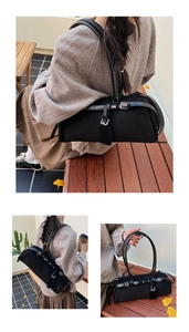Three-angle lifestyle view of a black baguette shoulder bag in a cozy autumn park setting