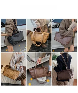 Detailed views of versatile large leather tote bags in black, khaki and brown finishes