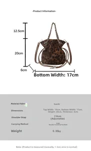 Detailed size specifications for the leopard print suede bucket bag with chain strap