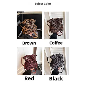 Detailed comparison of leopard print bucket bags in brown, coffee, red, and black colors