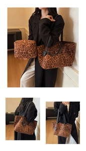 Détail du sac cabas léopard avec grande capacité et pochette assortie en tissu