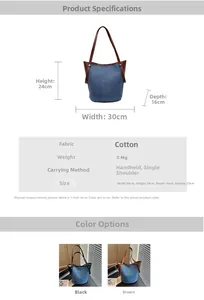 Size specifications of the denim tote bag with 30cm width and 24cm height dimensions