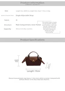 Detailed size chart for retro PU leather handbag showing 19cm length and 10cm height dimensions