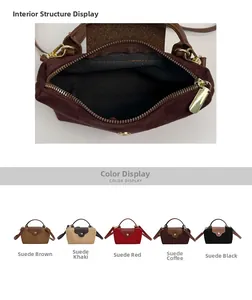 Detailed view of the internal zipper compartment and five color options for suede handbags