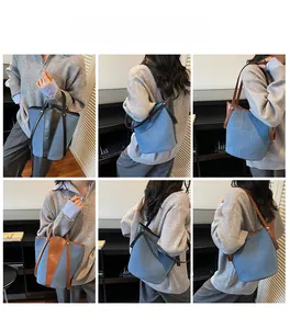 Fashionable denim and leather bucket bag shown from multiple angles on a model