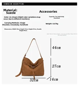 Detailed size guide for brown suede tote bag with measurements and strap length info