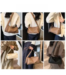 Three leather crossbody bags in black, beige, and brown with gold zippers and model display