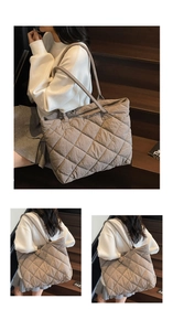 Three-view montage of a grey quilted tote bag with large diamond stitching on stairs