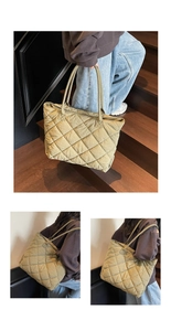 Detail of olive green quilted tote bag showing diamond stitching and soft nylon texture