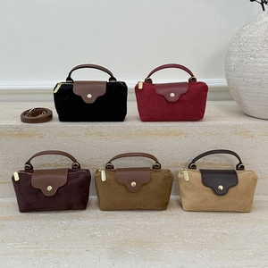 Mini suede tote bags in five colors with leather handles and detachable shoulder straps