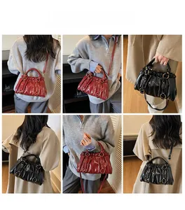 Collage of model wearing vintage pleated hobo bag in black and burgundy leather styles