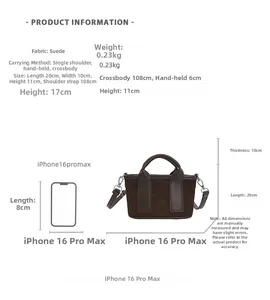 Comparaison de taille et dimensions du mini sac seau en daim indiquant longueur, hauteur et poids