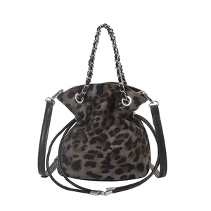 Retro leopard print drawstring bucket bag with silver metal chain handle and black strap