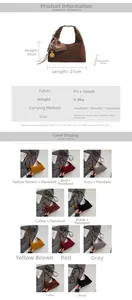 Detailed size and color guide for suede crescent bucket bag with heart pendant