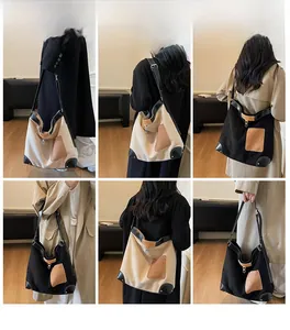 Multiple views of large canvas tote bags with adjustable leather straps in a casual setting