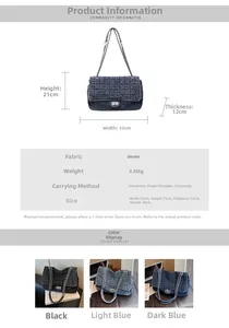 Detailed size chart and color options for the large vintage denim chain shoulder bag