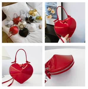 Collage dettagliato che mostra diverse angolazioni e colori di una borsa cuore lucida.