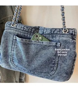 Close-up of the functional back pocket on denim chain bag showing smartphone storage