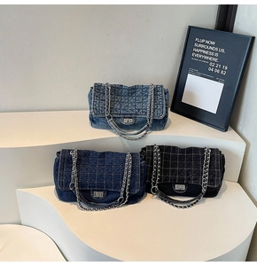 Detailed comparison of denim chain bags in light blue, dark blue, and black finishes