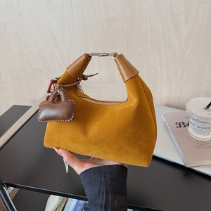 Women Faux Suede Hobo Bag Half Moon Shoulder Bag Vintage PU Leather Crossbody Bag With Decorative Charms Fashion Handbag