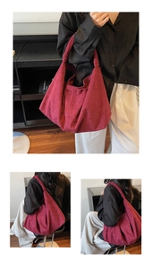 Detail showing the knotted shoulder strap and corduroy texture of the burgundy tote bag