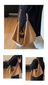 Detail of caramel brown suede tote bag with knot handle and large capacity design