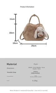 Fuzzy plush crossbody bag size guide with height, width, and strap length measurements