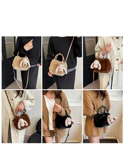 Plush crossbody bag set in beige, brown, and black with cute rabbit charm detail