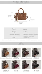 Macro detail of suede handbag dimensions and multi-color options in brown and black