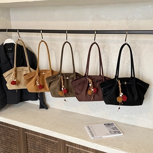 Retro suede large tote bags in beige, camel, green and brown with decorative charms