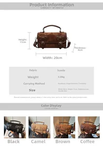 Detailed size chart and multi-color options for the vintage suede cylinder handbag