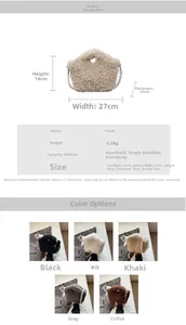 Detailed size guide and multi-color options for the plush crossbody and shoulder bag