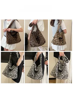 Collage de sacs cabas en peluche à motif léopard en marron et gris pour l'automne-hiver