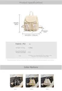 Tabella taglie zaino in PU 28x30x14cm con dettagli fiocco e specifiche del materiale