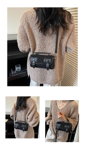 Three views of a vintage black crossbody bag with bows and classic buckle details