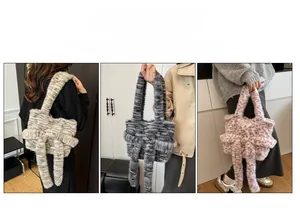Detailed views of fuzzy faux fur tote bags in beige, grey and pink leopard with large bows
