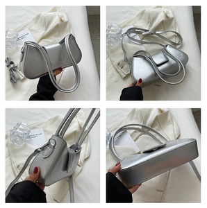Multi-angle view of metallic silver shoulder bag showing front, side and base details