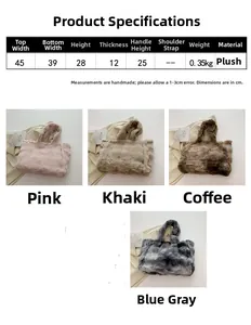 Guía de tallas de bolso tote grande de felpa con medidas y colores como rosa y caqui