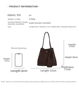 Detail view of large brown PU tote bag with size 33x28x11cm and 0.36kg weight specifications