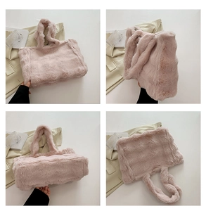 Vistas multiángulo de un bolso tote de piel sintética rosa suave con textura de felpa
