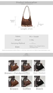 Détails du sac hobo bohème montrant les franges, les rivets et les dimensions du produit