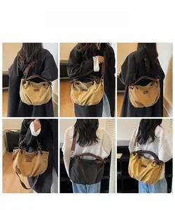 Collage of multi-color canvas crossbody bags showing lifestyle model styling and large capacity