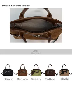 Detailed view of suede shell bag interior zip pocket and multiple color variations