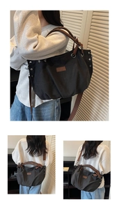 Three-angle views showing black canvas tote bag capacity with leather handles