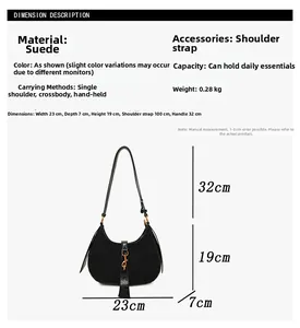 Detailed size specifications for the crescent suede shoulder bag with gold metal buckle