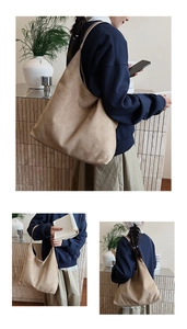 Detailed views of a khaki suede hobo tote bag with a wide strap and minimalist design