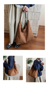 Detailed views of a large brown faux suede tote bag featuring a wide shoulder strap