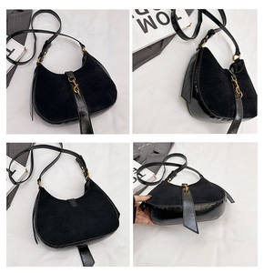 Detailed views of a black crescent bag featuring golden piston clasp and mixed textures