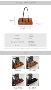 Detail view of large suede tote bag specifications with size and color options